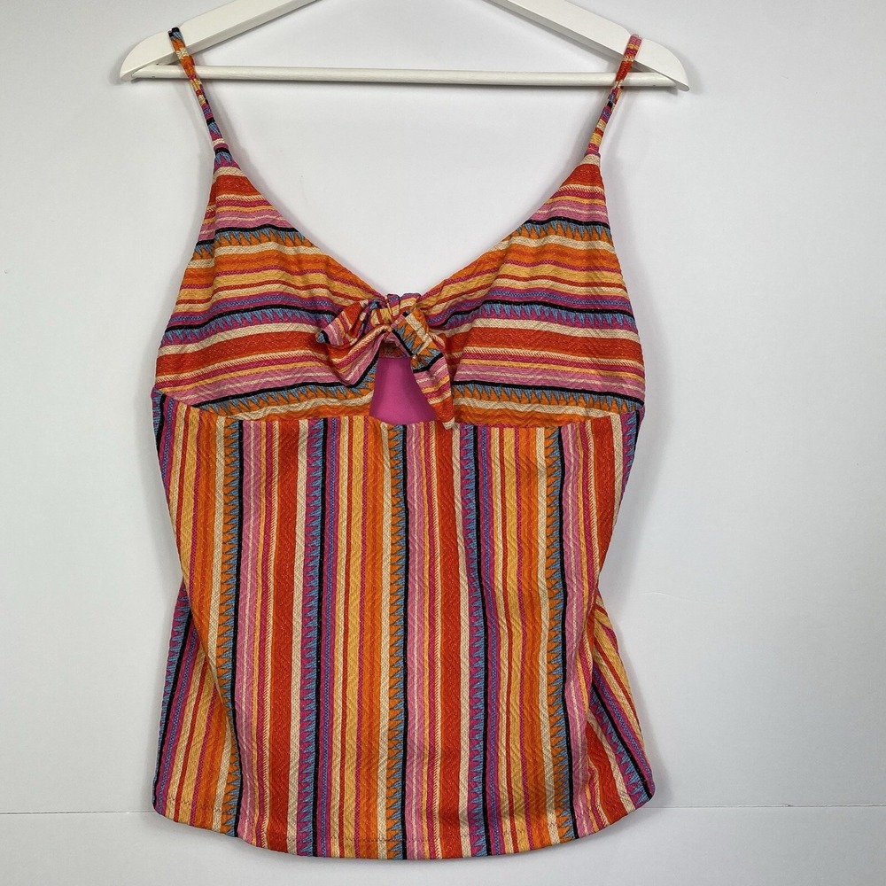 Jessica Simpson Boho Womens Stripe Tankini‎ Swim Top Metallic Size L Tribal